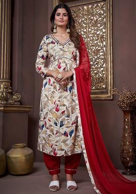 Off White Printed Rayon Salwar Kameez With Dupatta