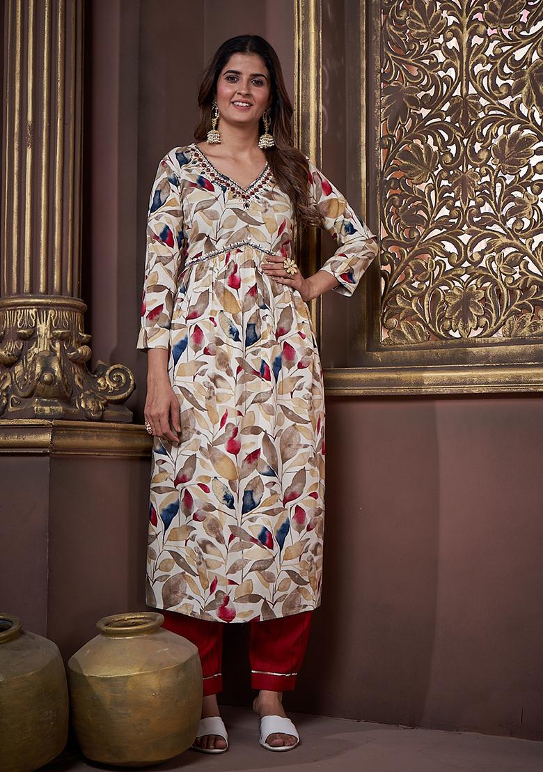Off White Printed Rayon Salwar Kameez With Dupatta