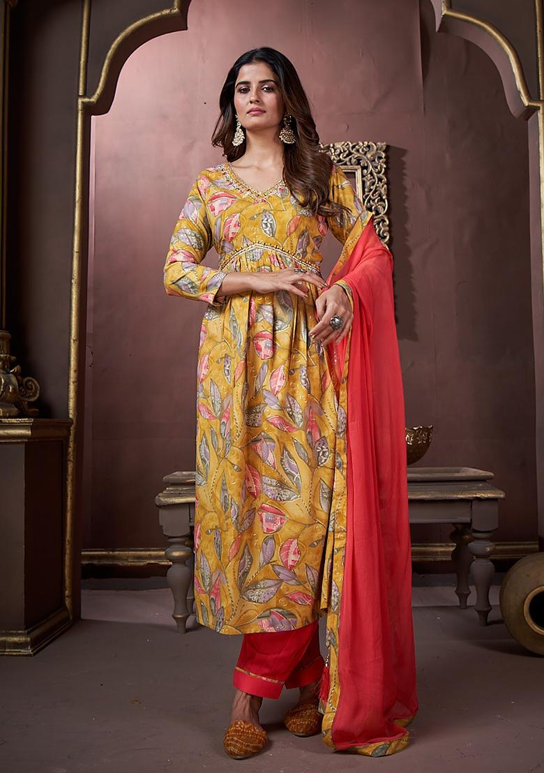 Mustard Printed Rayon Salwar Kameez With Dupatta