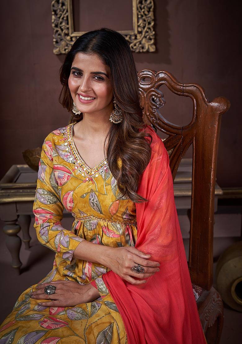 Mustard Printed Rayon Salwar Kameez With Dupatta