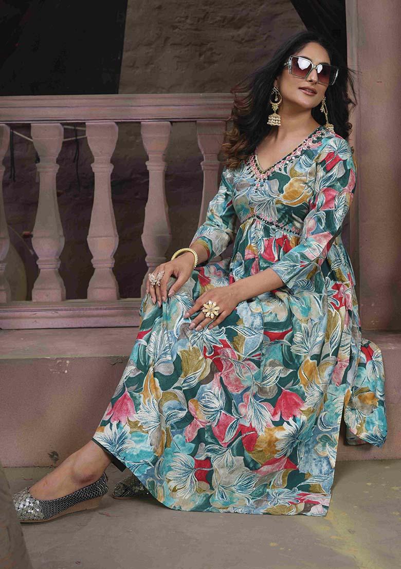 Green Printed Rayon Salwar Kameez With Dupatta