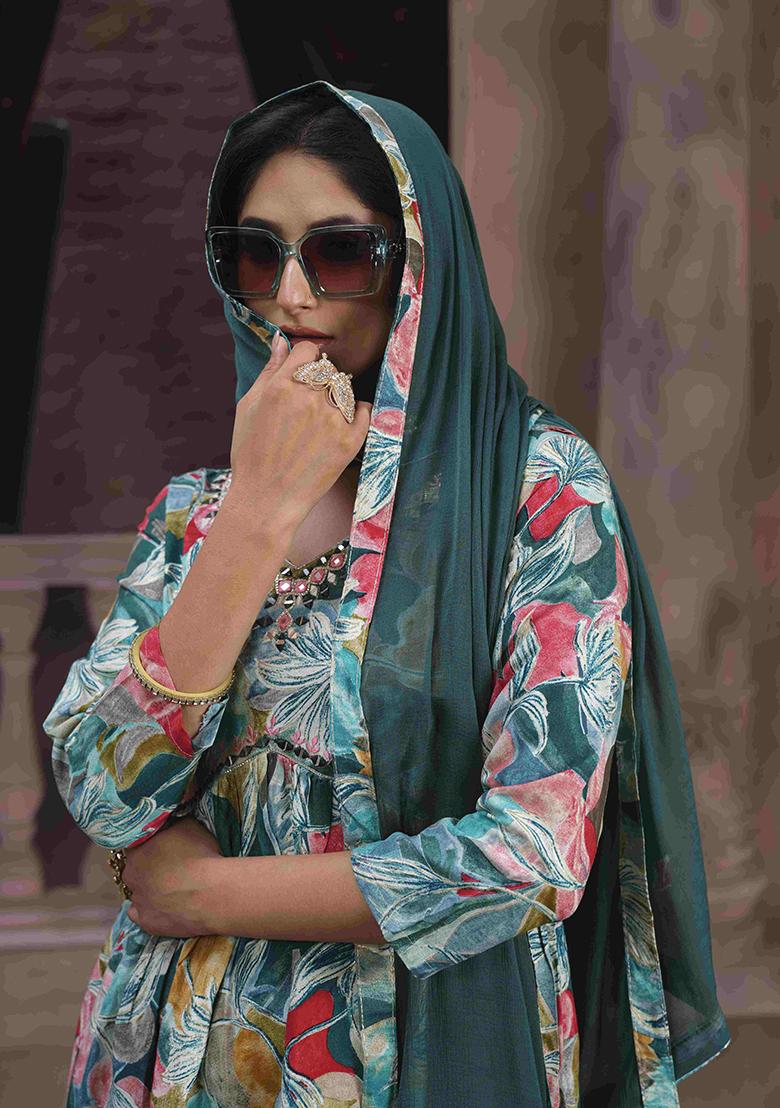 Green Printed Rayon Salwar Kameez With Dupatta