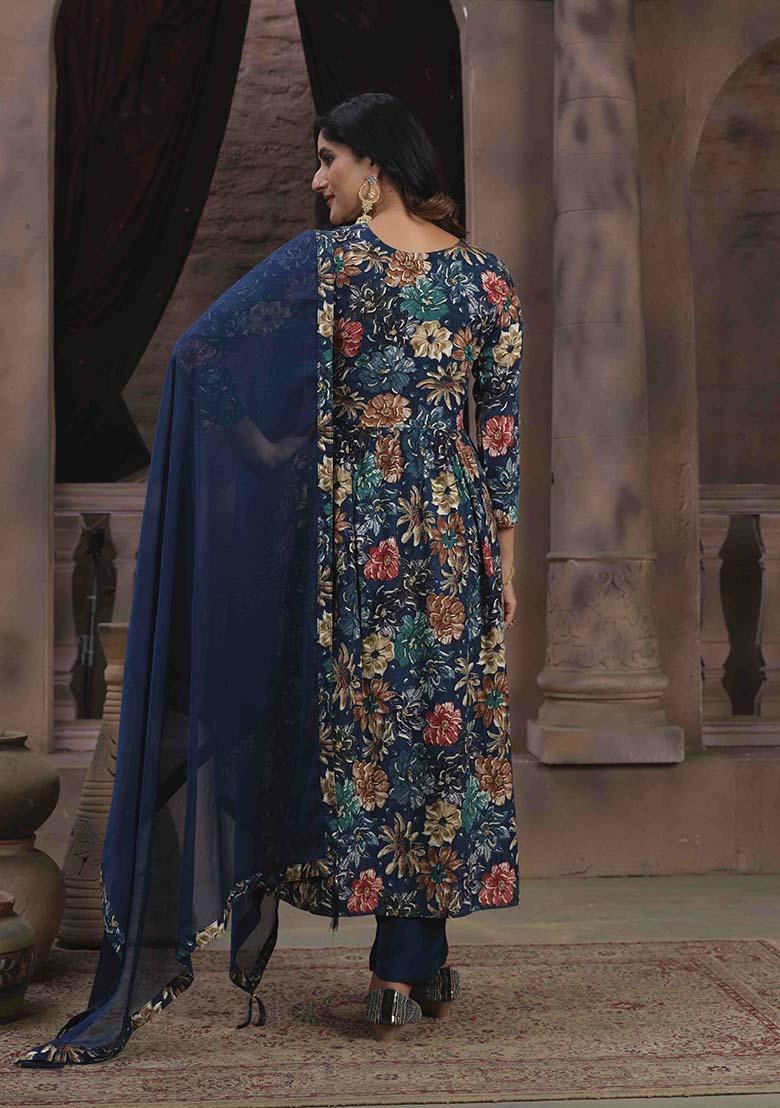 Blue Printed Rayon Salwar Kameez With Dupatta