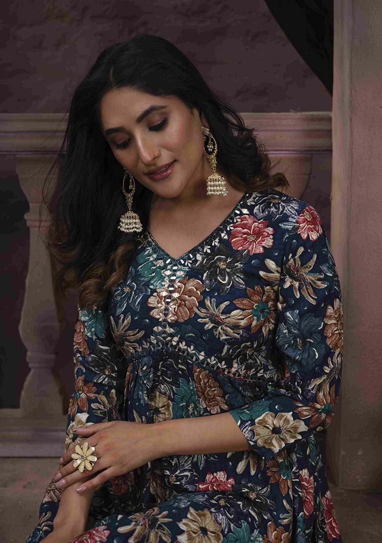 Blue Printed Rayon Salwar Kameez With Dupatta