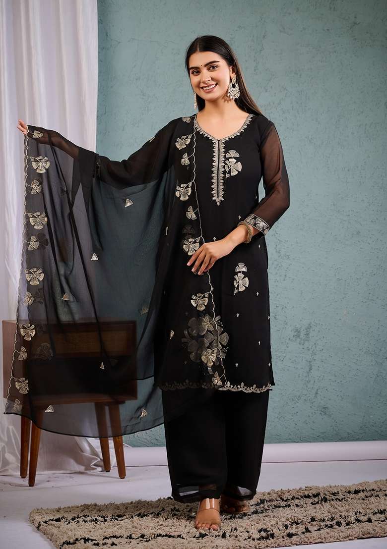 Black Embroidered Georgette Straight Kurta Set - Indya