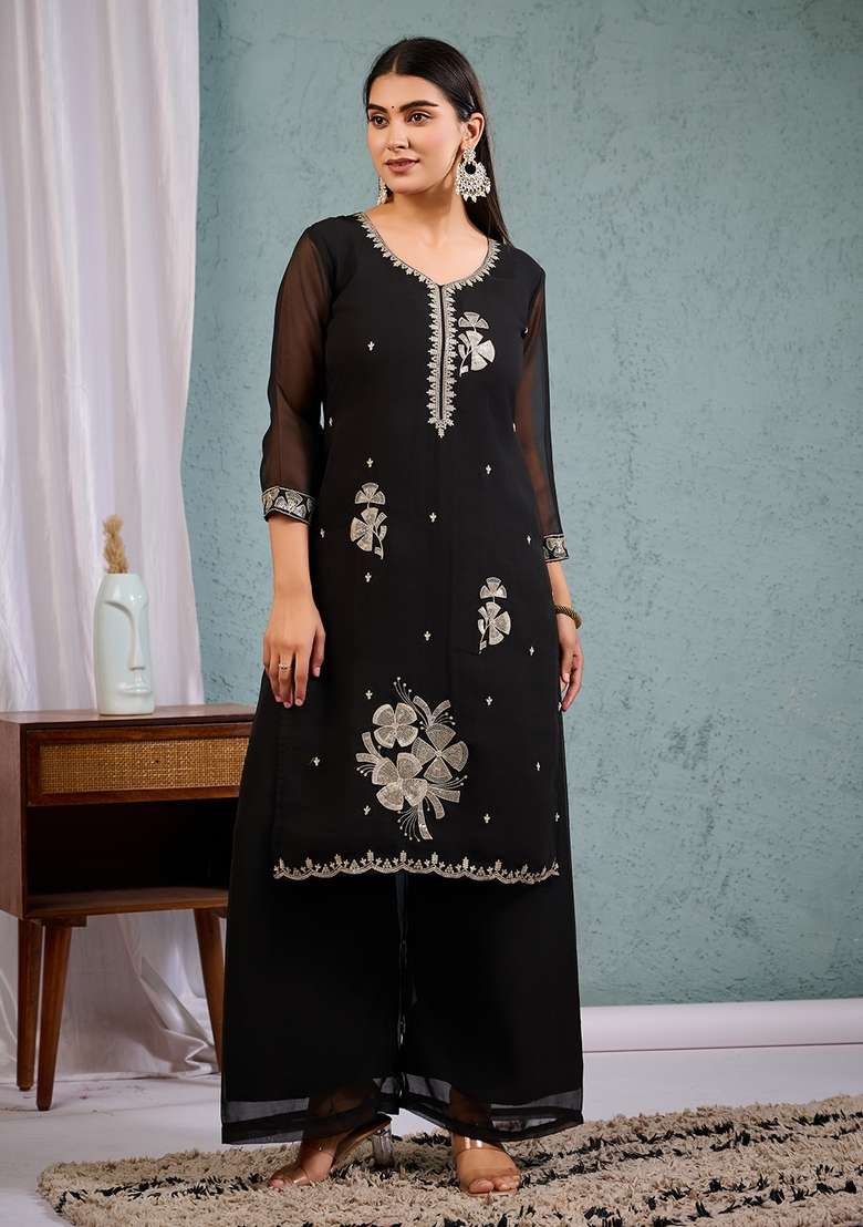 Black Embroidered Georgette Straight Kurta Set - Indya