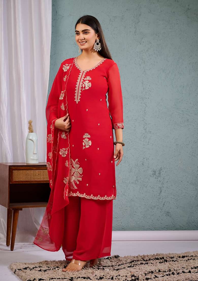 Red Embroidered Georgette Straight Kurta Set - Indya