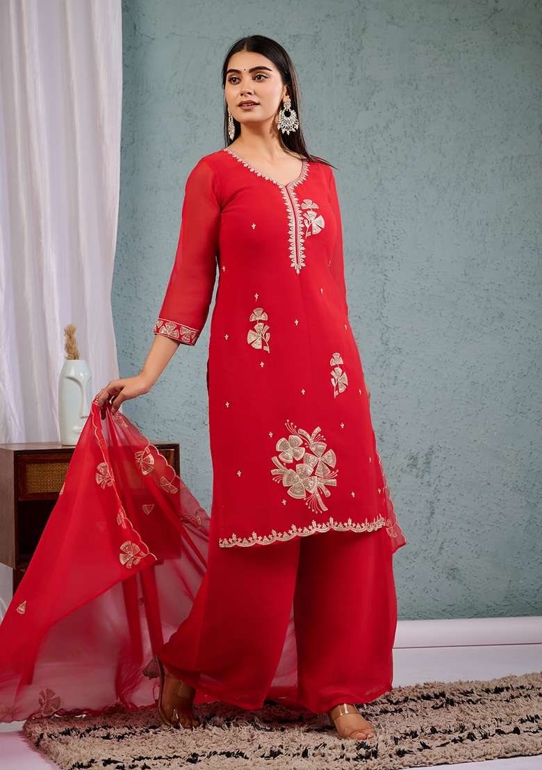 Red Embroidered Georgette Straight Kurta Set - Indya