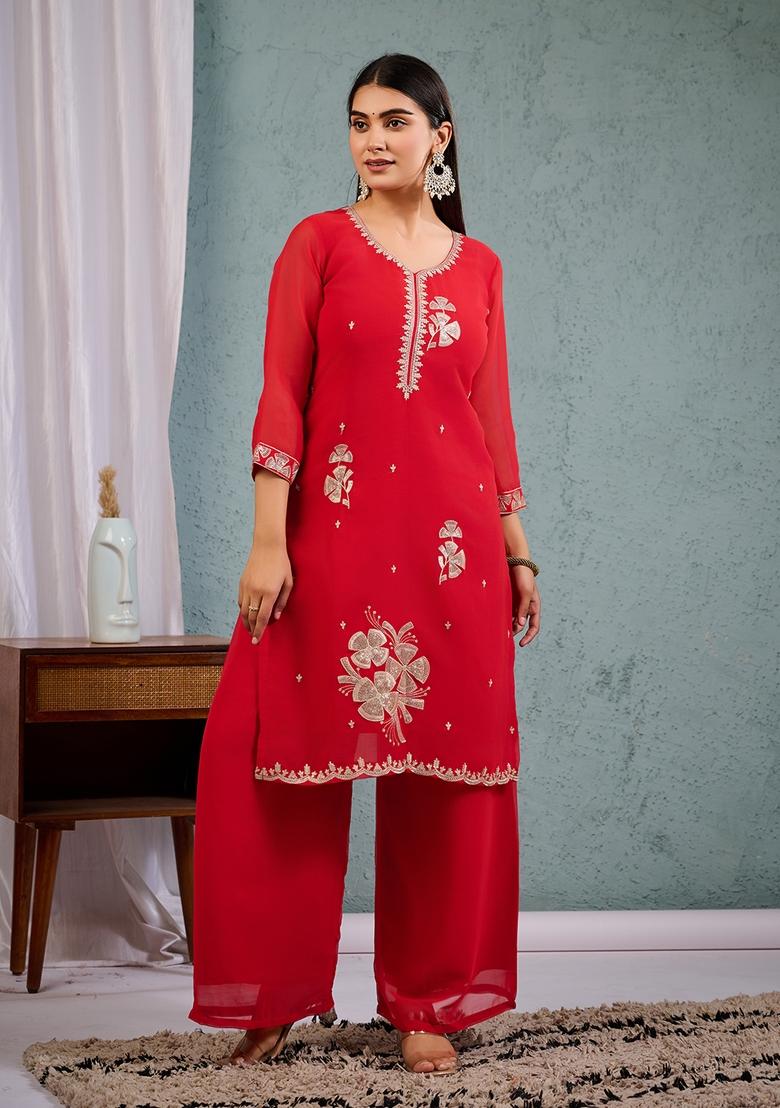 Red Sequence Embroidered Georgette Kurta Sets