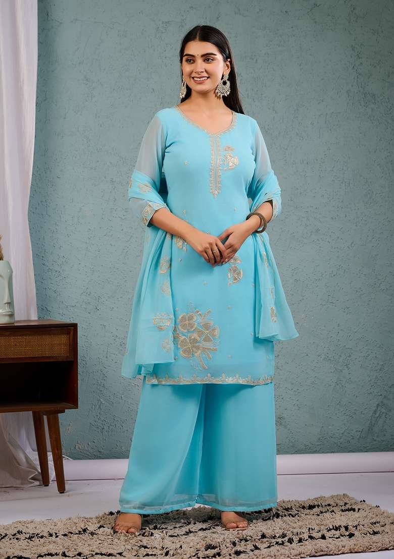 Sky Blue Embroidered Georgette Straight Kurta Set - Indya