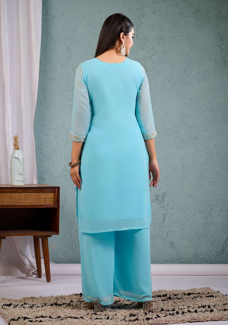 Sky Blue Embroidered Georgette Straight Kurta Set - Indya