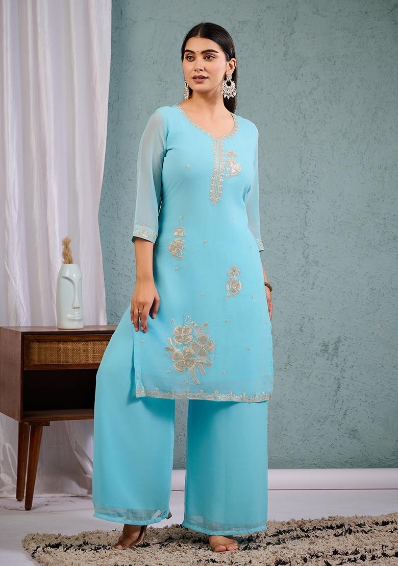 Sky Blue Sequence Embroidered Georgette Kurta Sets