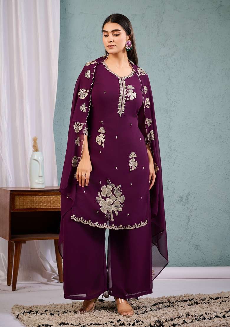 Wine Embroidered Georgette Straight Kurta Set - Indya