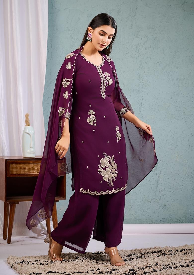 Wine Sequence Embroidered Georgette Kurta Sets