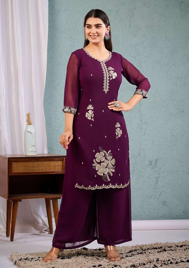 Wine Embroidered Georgette Straight Kurta Set - Indya