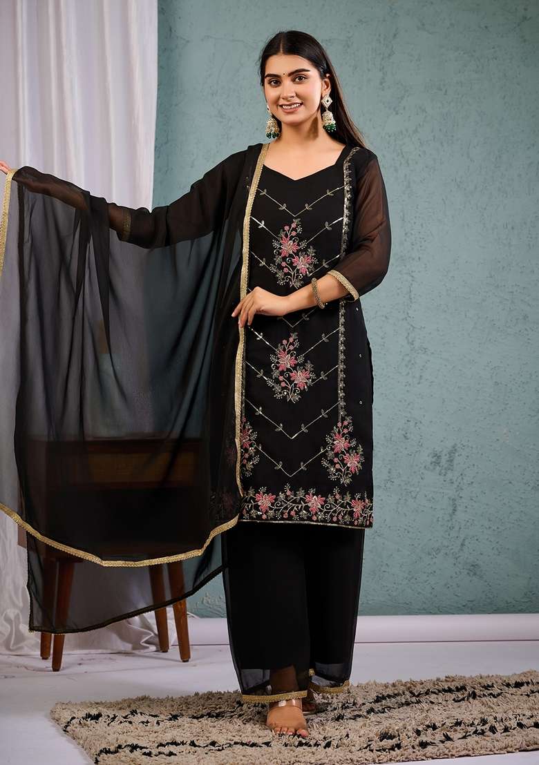 Black Embroidered Georgette Straight Kurta Set - Indya
