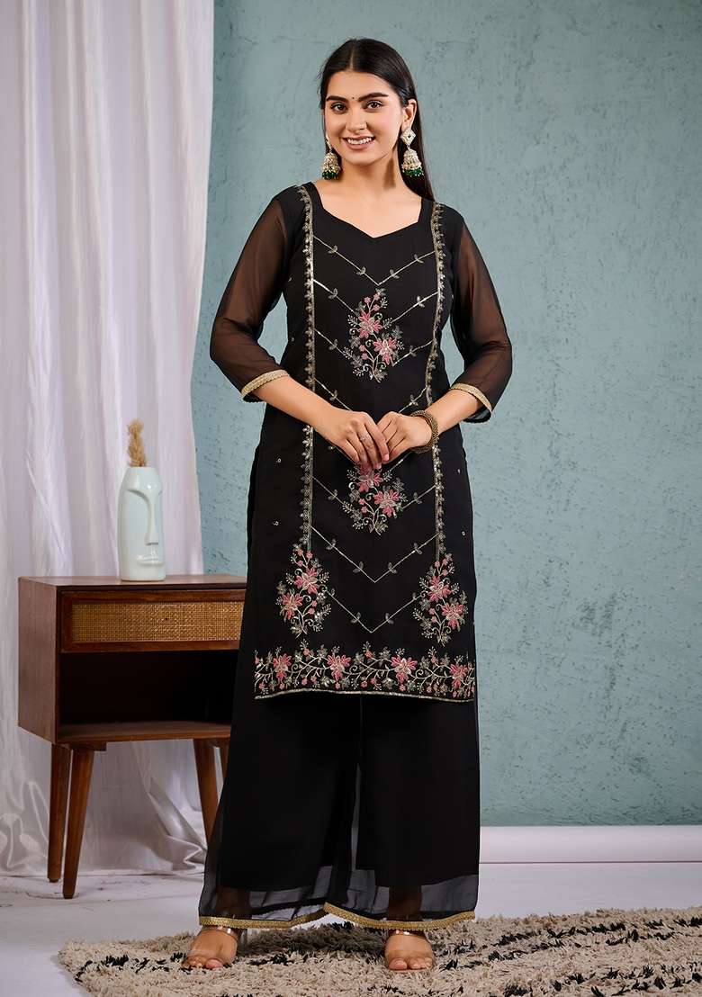 Black Embroidered Georgette Straight Kurta Set - Indya