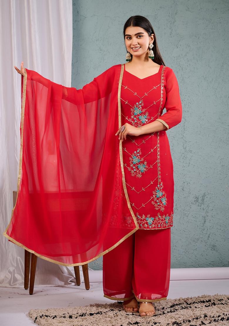 Red Sequence Embroidered Georgette Kurta Sets