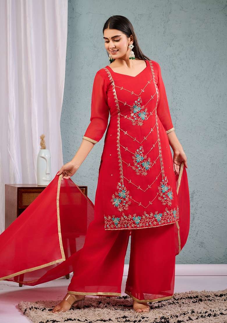 Red Embroidered Georgette Straight Kurta Set - Indya