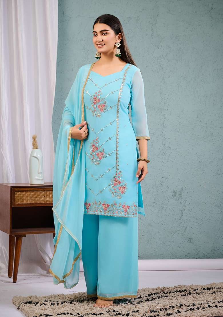 Sky Blue Embroidered Georgette Straight Kurta Set - Indya