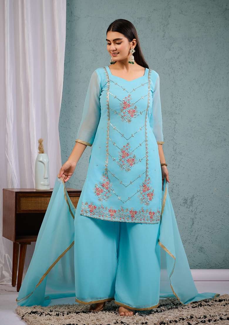 Sky Blue Embroidered Georgette Straight Kurta Set - Indya