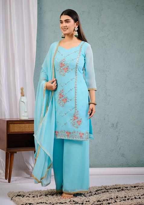 Sky Blue Sequence Embroidered Georgette Kurta Sets