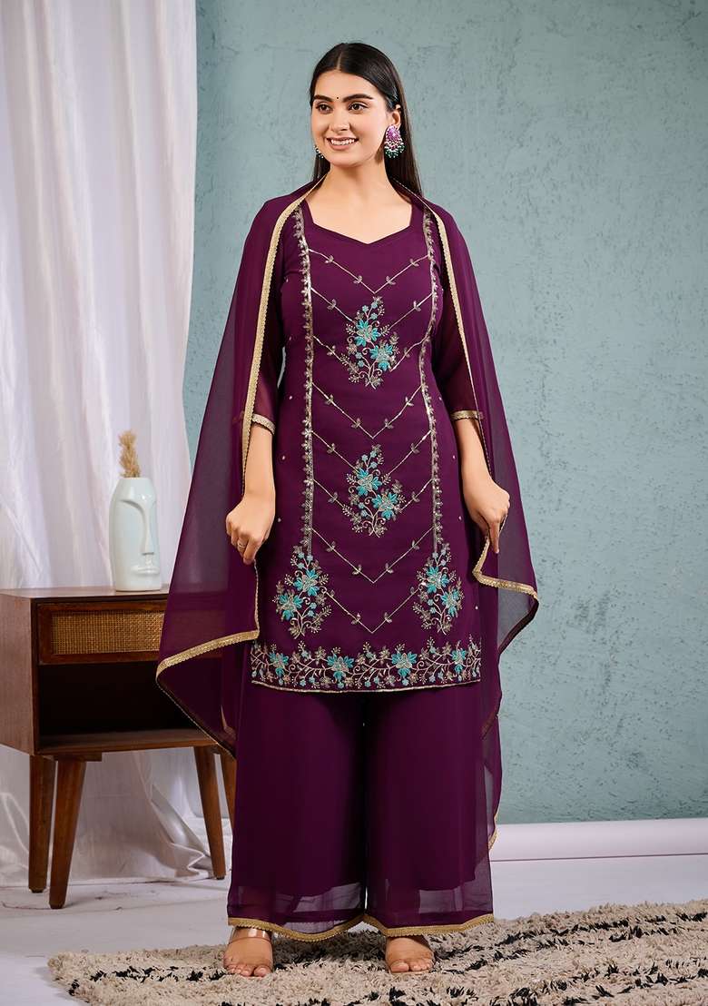 Wine Embroidered Georgette Straight Kurta Set - Indya
