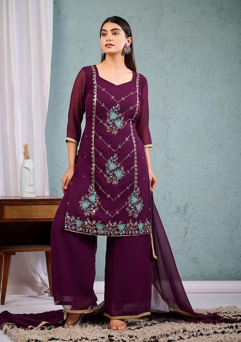 Wine Sequence Embroidered Georgette Kurta Sets