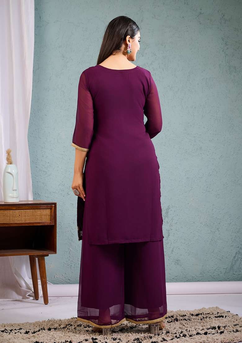 Wine Embroidered Georgette Straight Kurta Set - Indya