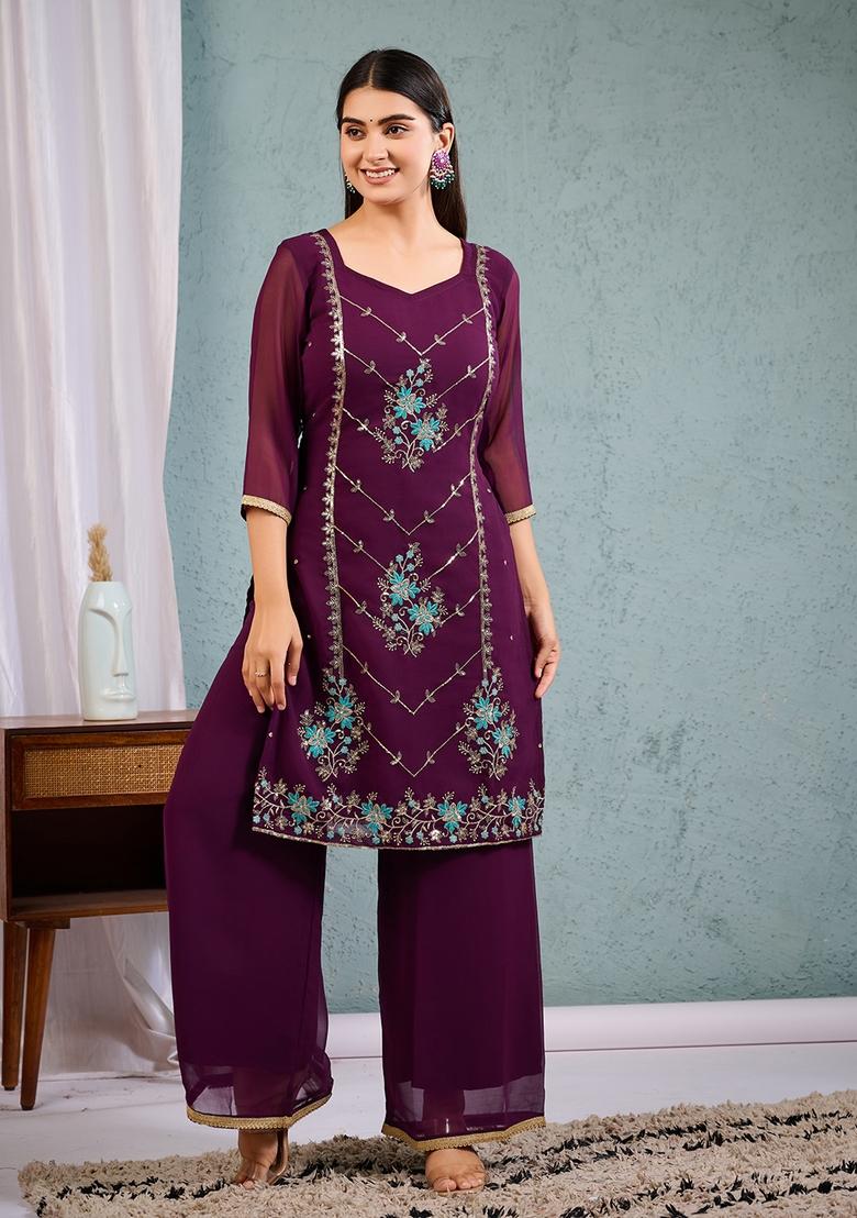Wine Sequence Embroidered Georgette Kurta Sets