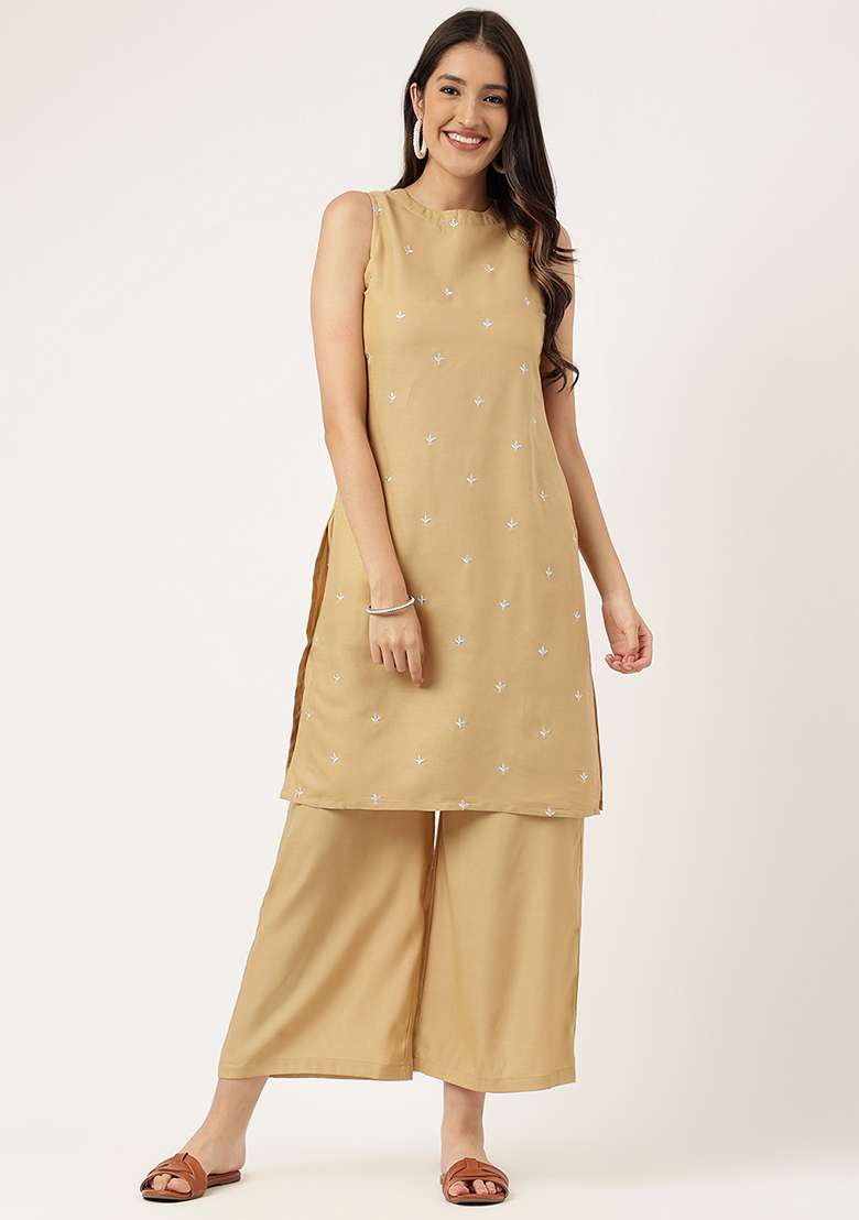 Beige Embroidered Rayon Salwar Kameez - Indya