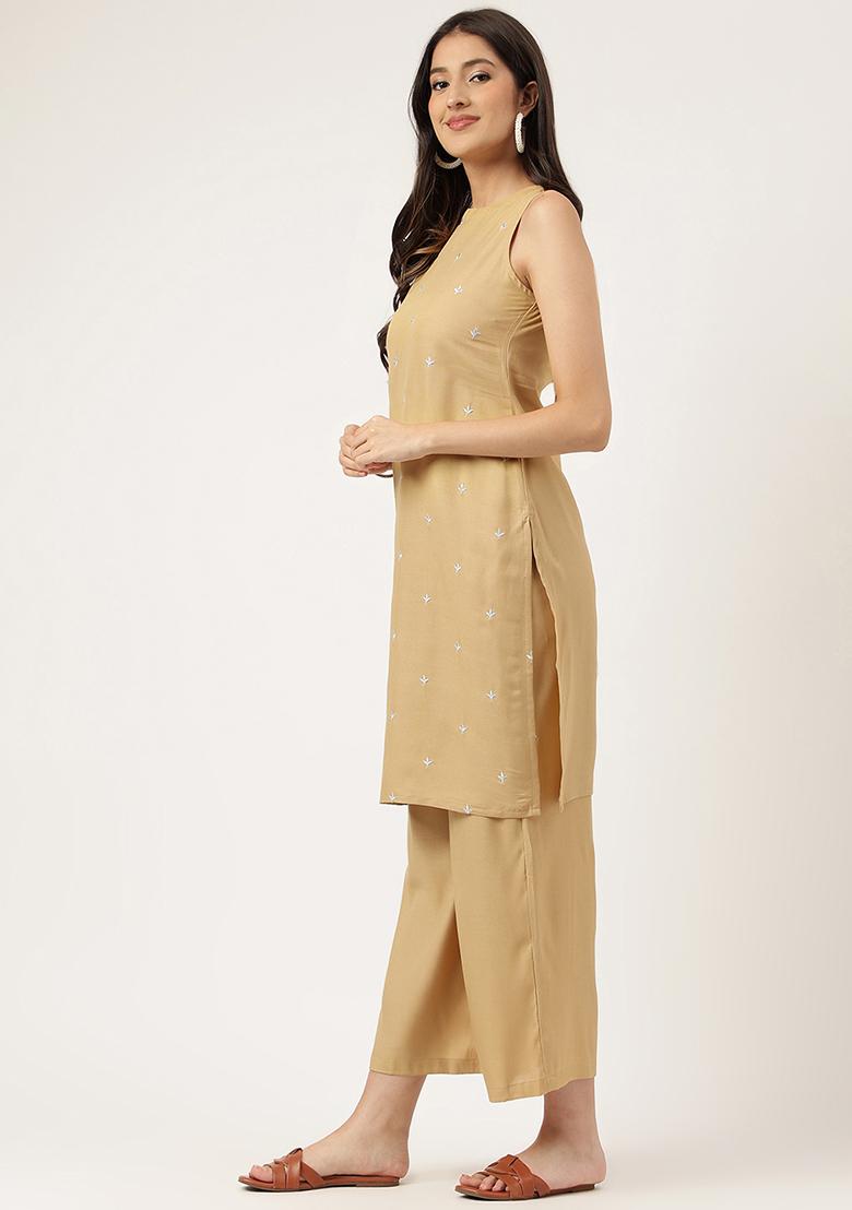 Beige Embroidered Rayon Salwar Kameez