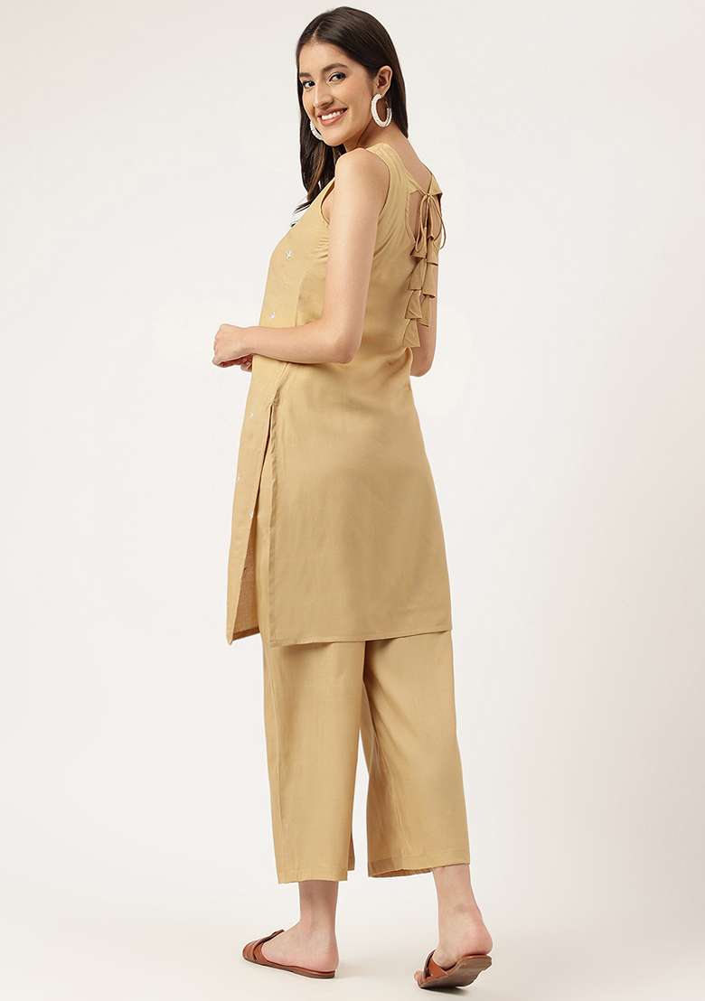 Beige Embroidered Rayon Salwar Kameez - Indya