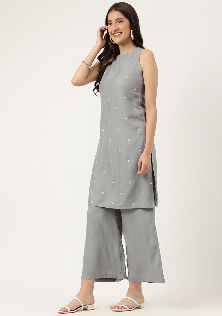Grey Embroidered Rayon Salwar Kameez
