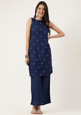 Navy Blue Embroidered Rayon Salwar Kameez
