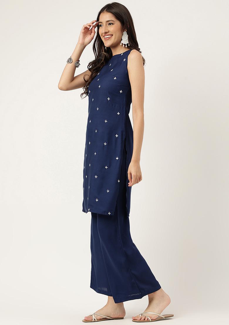 Navy Blue Embroidered Rayon Salwar Kameez