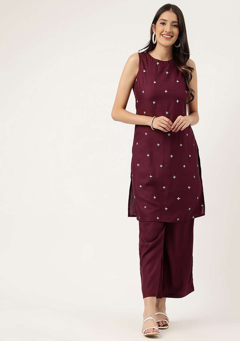 Maroon Embroidered Rayon Salwar Kameez - Indya