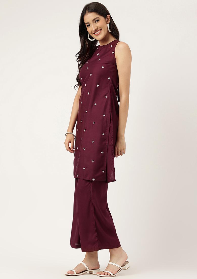 Maroon Embroidered Rayon Salwar Kameez