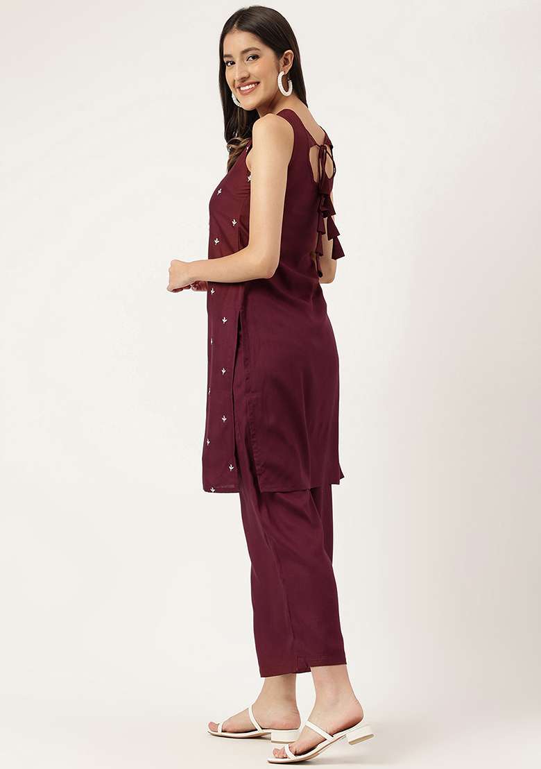 Maroon Embroidered Rayon Salwar Kameez - Indya
