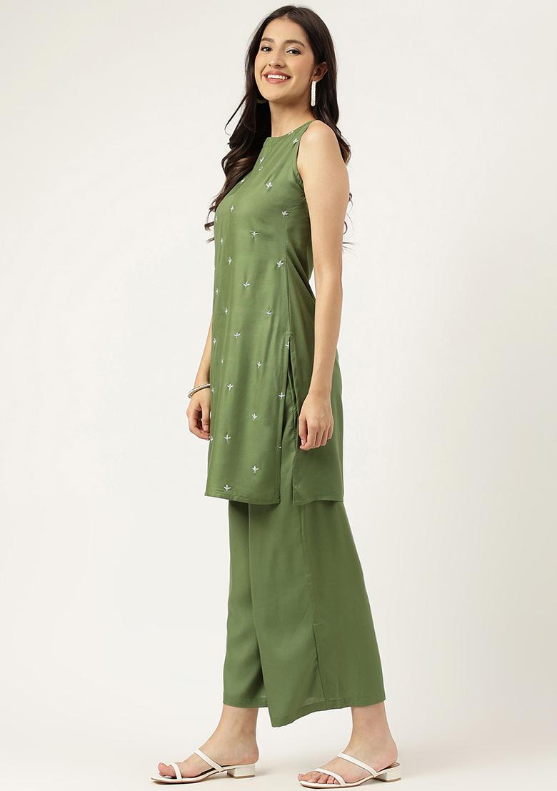 Green Embroidered Rayon Salwar Kameez