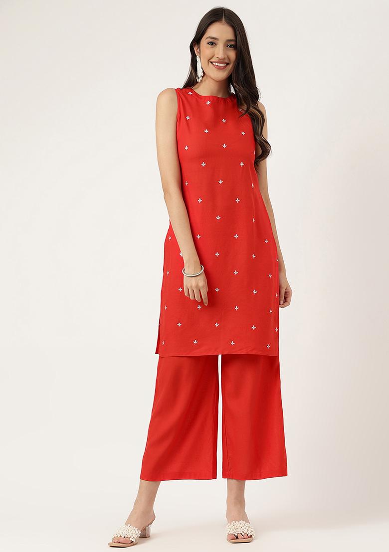 Red Embroidered Rayon Salwar Kameez