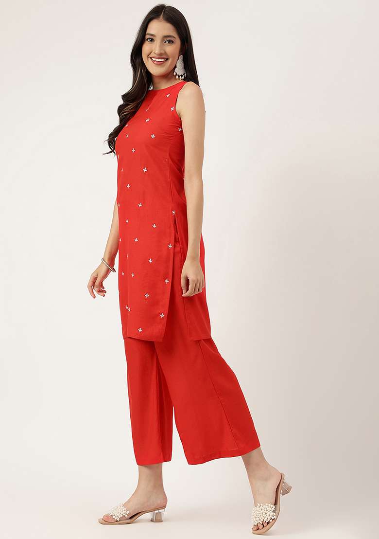 Red Embroidered Rayon Salwar Kameez - Indya
