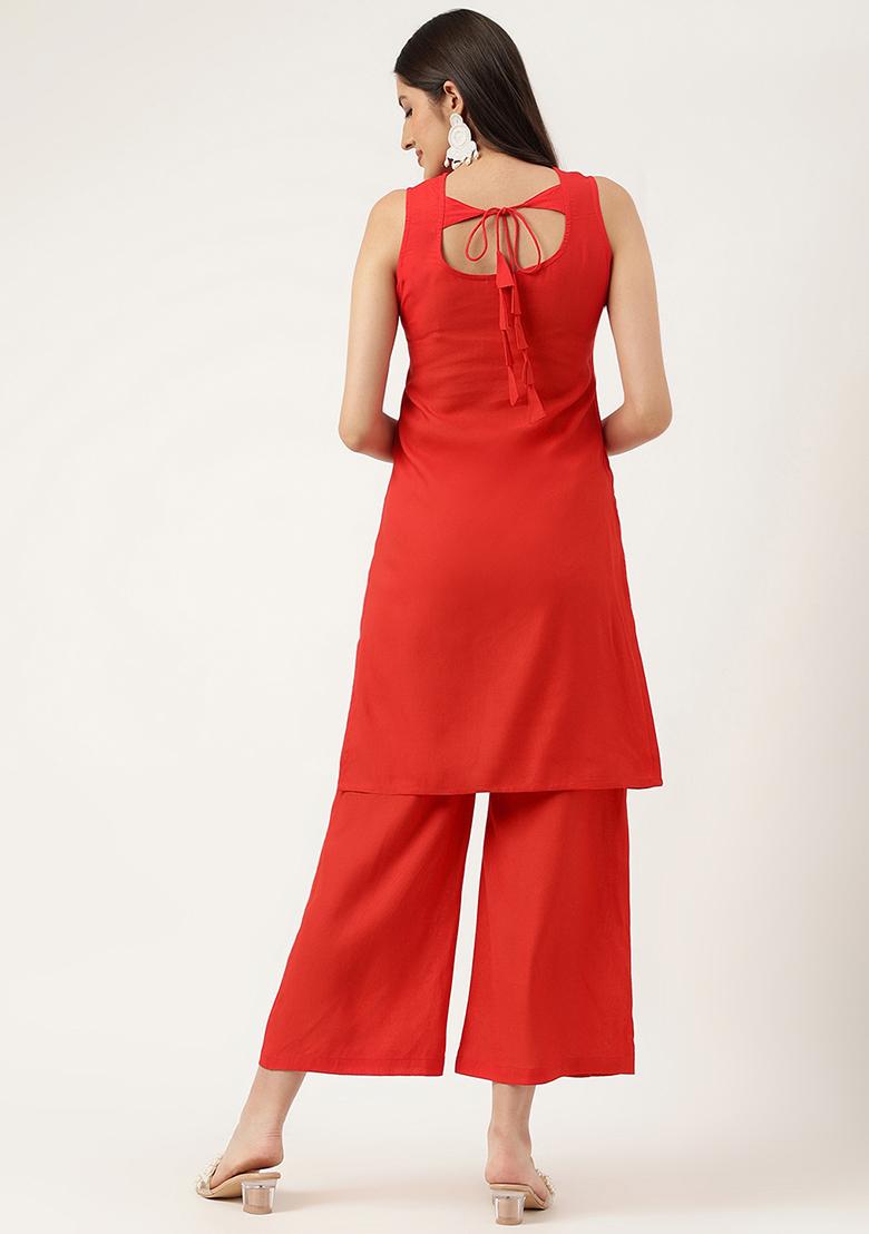 Red Embroidered Rayon Salwar Kameez