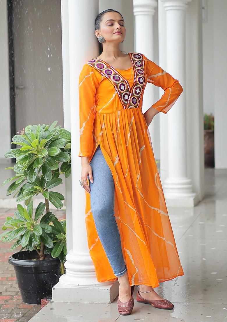 Yellow Printed Georgette Kurti