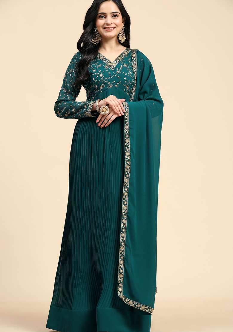 Darkgreen Embroidered Georgette Kurta Set - Indya