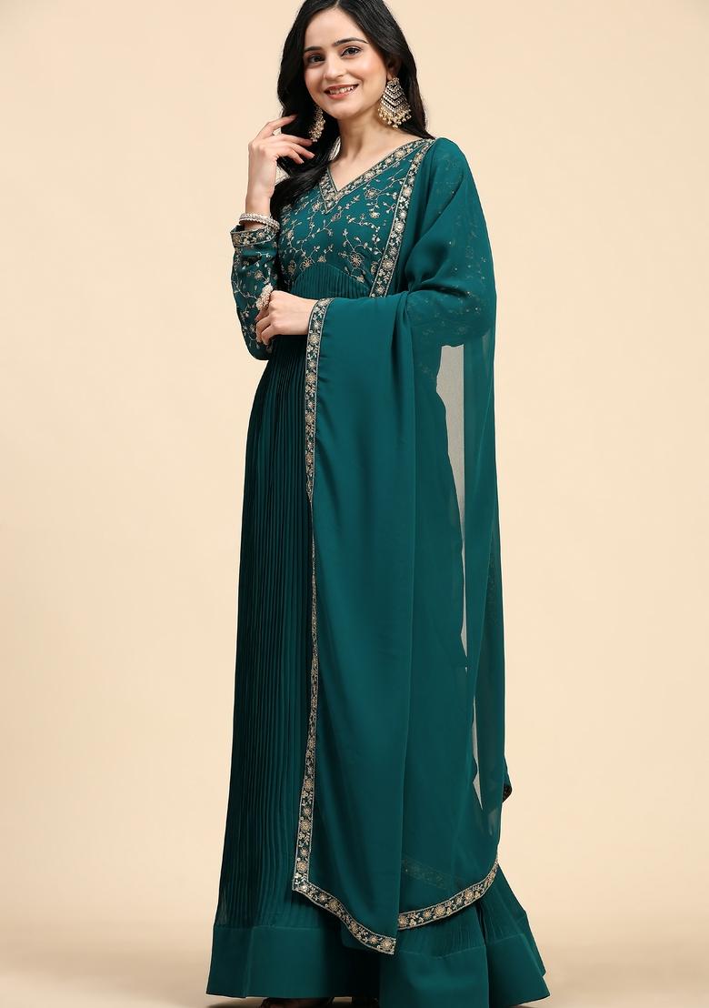 Darkgreen Embroidered Georgette Kurta Set