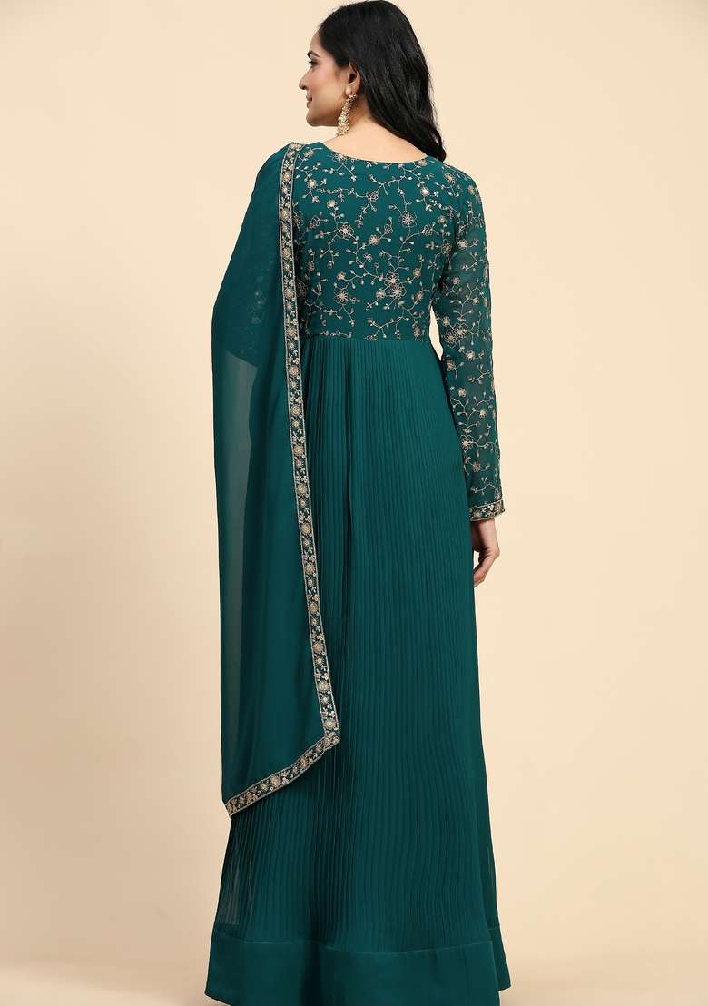 Darkgreen Embroidered Georgette Kurta Set - Indya