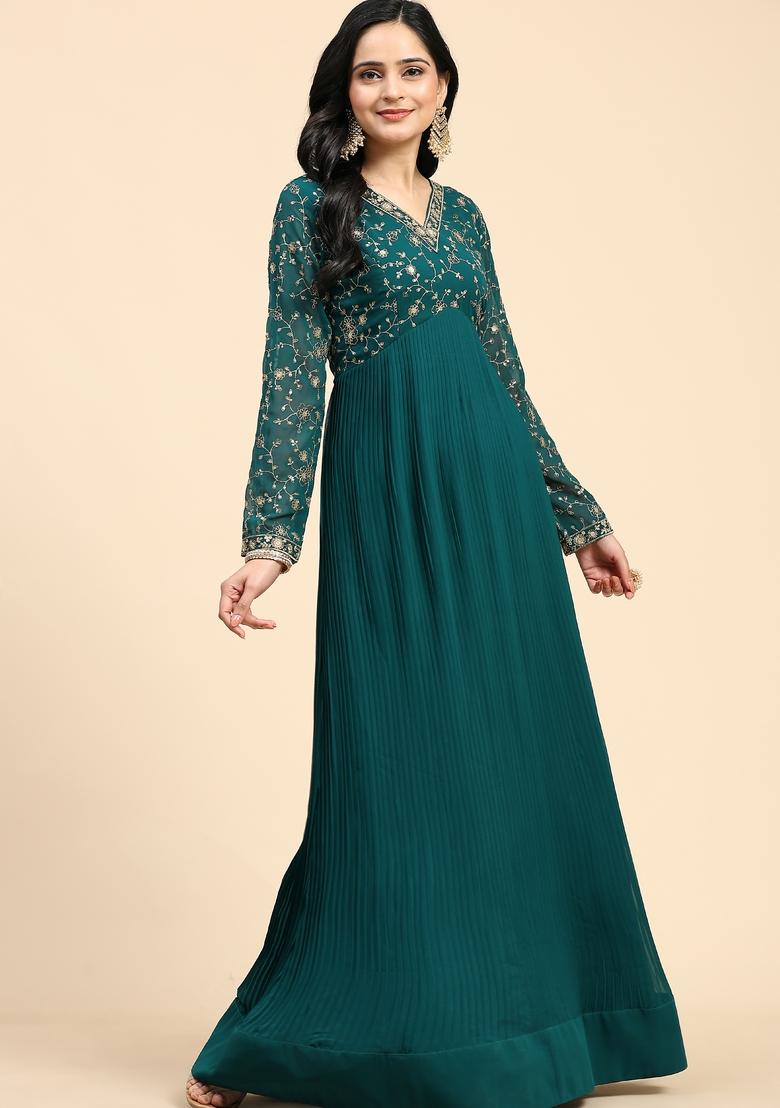 Darkgreen Embroidered Georgette Kurta Set