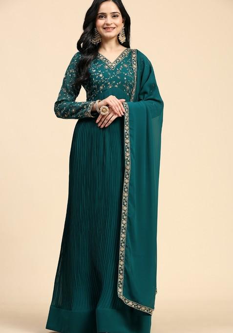 Darkgreen Embroidered Georgette Kurta Set