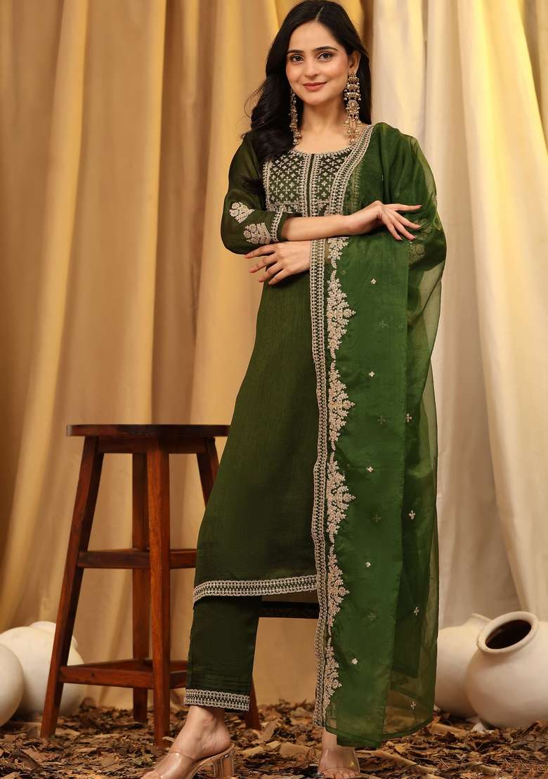 Green Embroidered Silk Kurta Set - Indya